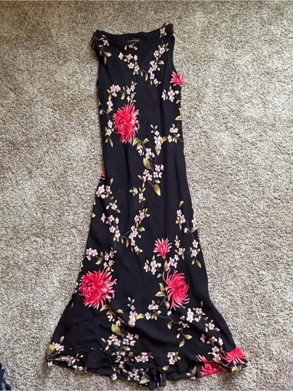 Vintage 90s Harold’s Black Pink Floral Chiffon Maxi Dress Size 8